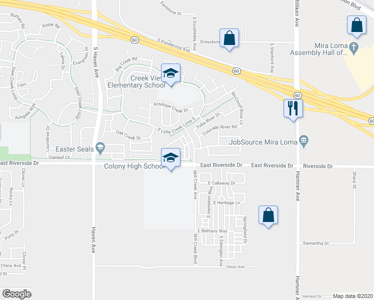 map of restaurants, bars, coffee shops, grocery stores, and more near 3726 Strawberry Creek Way in Ontario