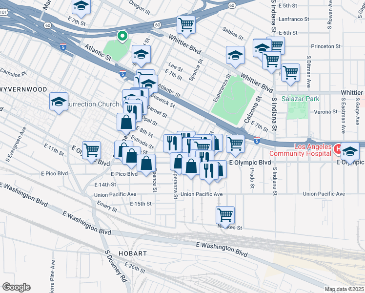 map of restaurants, bars, coffee shops, grocery stores, and more near 3573 East 8th Street in Los Angeles