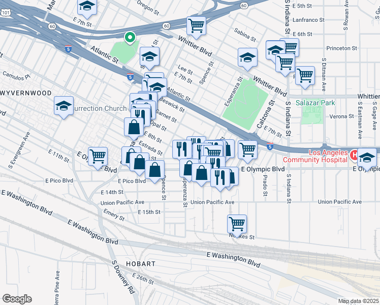 map of restaurants, bars, coffee shops, grocery stores, and more near 3573 East 8th Street in Los Angeles