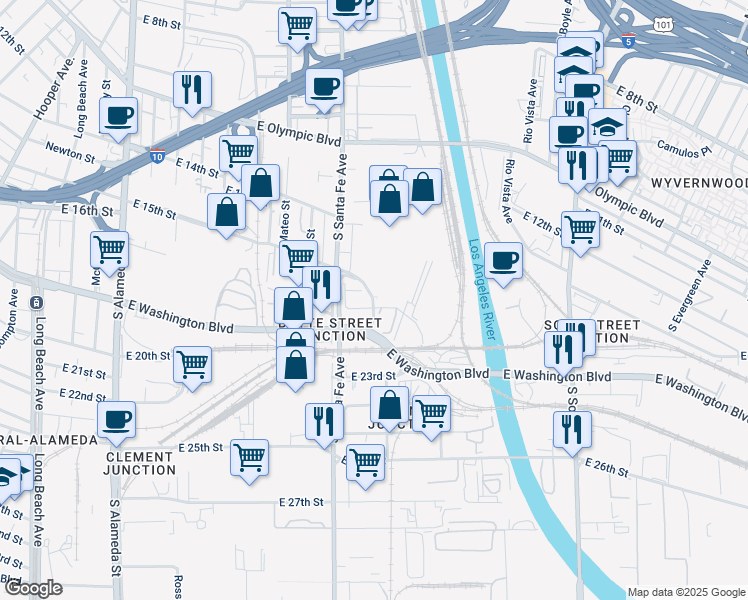 map of restaurants, bars, coffee shops, grocery stores, and more near 2415-2417 E 15th St in Los Angeles