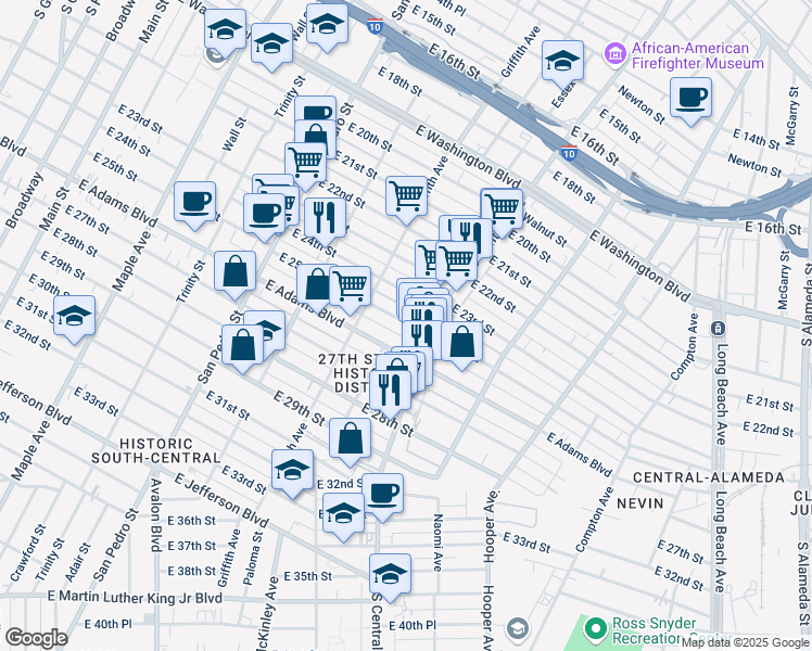 map of restaurants, bars, coffee shops, grocery stores, and more near 1008 East 25th Street in Los Angeles