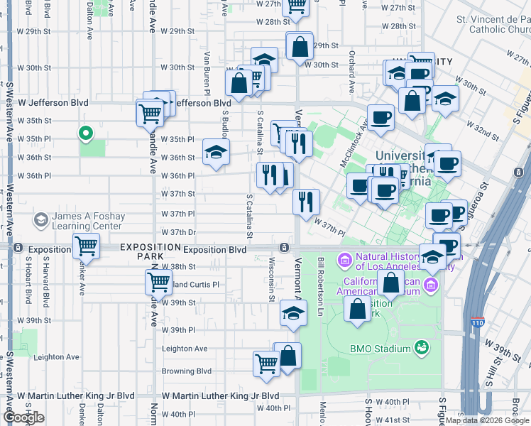 map of restaurants, bars, coffee shops, grocery stores, and more near 1146 West 37th Street in Los Angeles