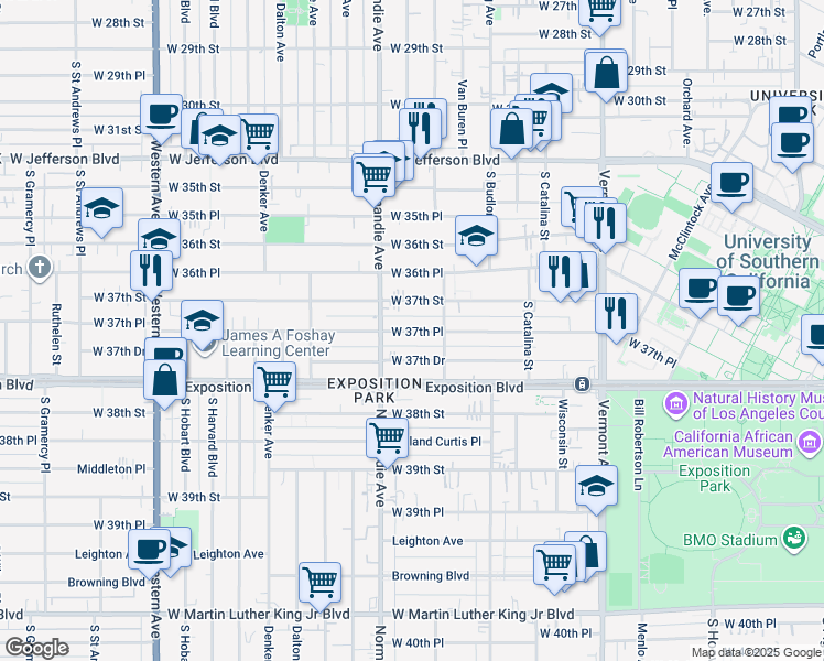map of restaurants, bars, coffee shops, grocery stores, and more near 1348 West 37th Place in Los Angeles