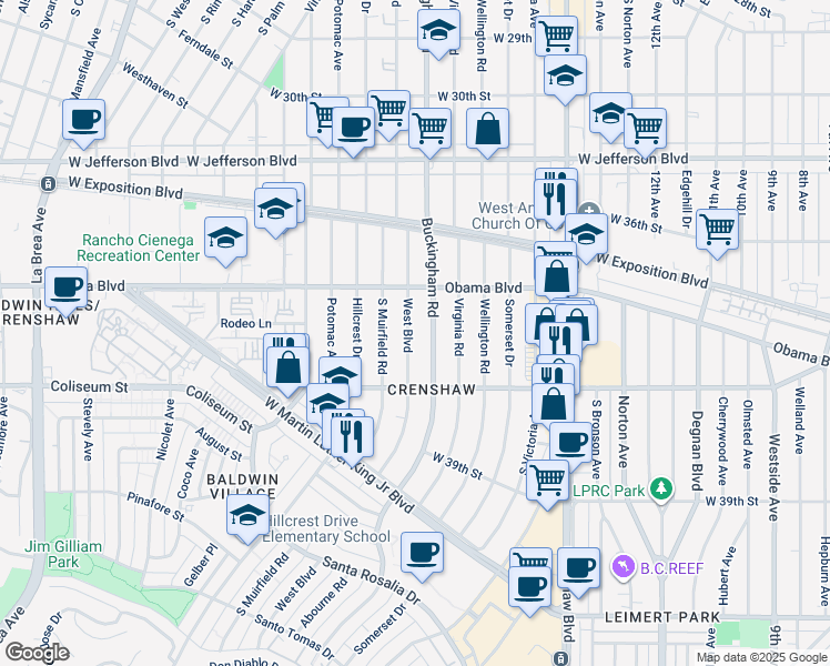 map of restaurants, bars, coffee shops, grocery stores, and more near 3646 West Boulevard in Los Angeles