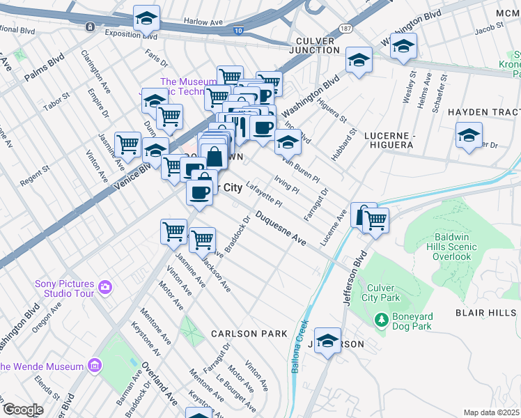 map of restaurants, bars, coffee shops, grocery stores, and more near 4112 Duquesne Avenue in Culver City