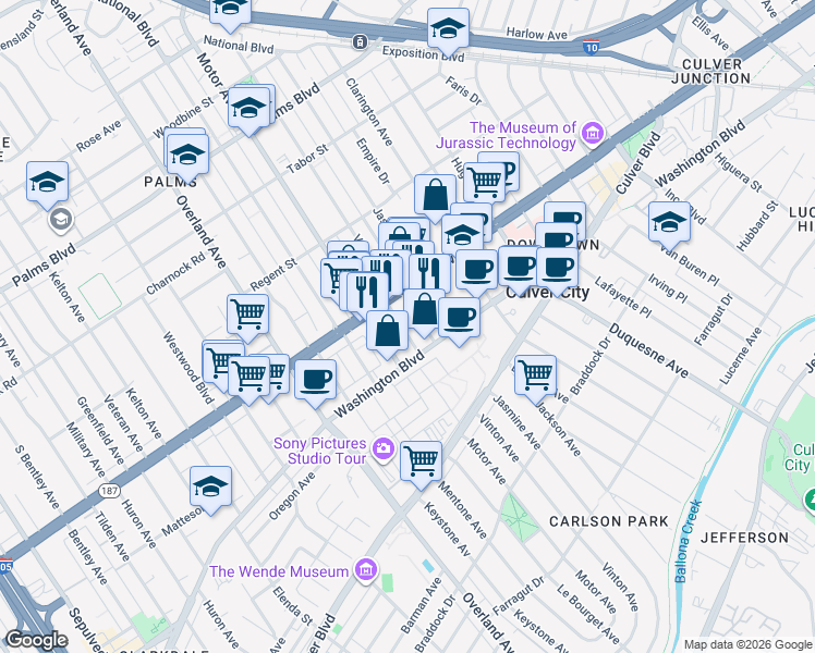 map of restaurants, bars, coffee shops, grocery stores, and more near 3836 Goldwyn Terrace in Culver City
