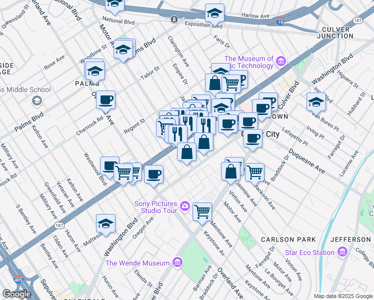 map of restaurants, bars, coffee shops, grocery stores, and more near 3836 Goldwyn Terrace in Culver City