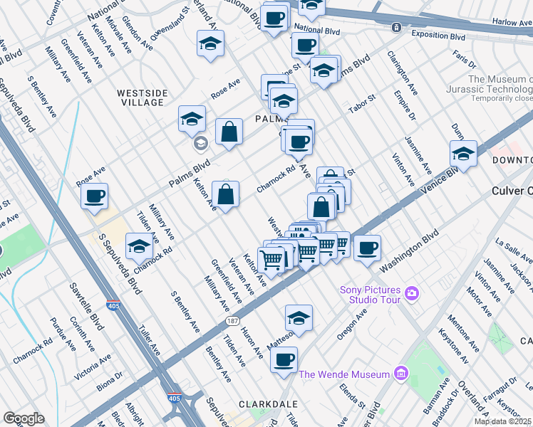 map of restaurants, bars, coffee shops, grocery stores, and more near 3652 Westwood Boulevard in Los Angeles