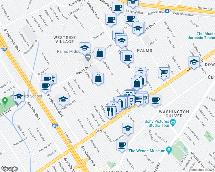 map of restaurants, bars, coffee shops, grocery stores, and more near 3624 Midvale Avenue in Los Angeles