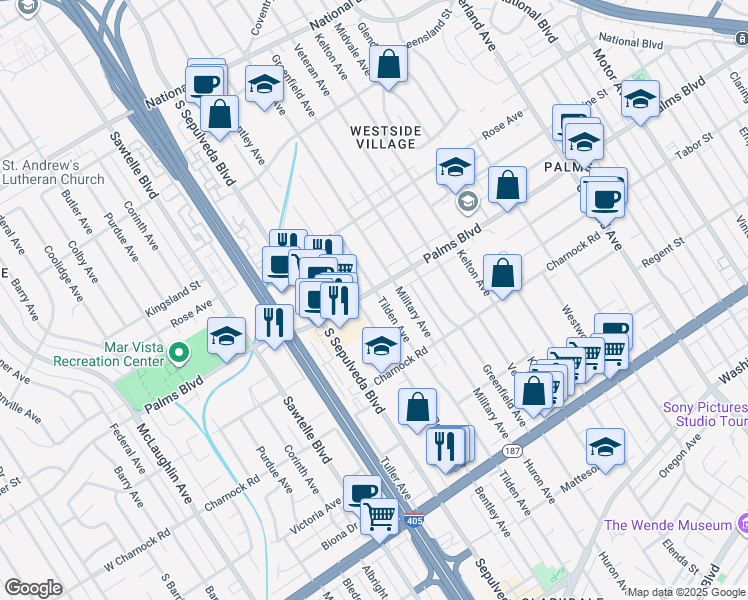 map of restaurants, bars, coffee shops, grocery stores, and more near 3506 Palms Boulevard in Los Angeles
