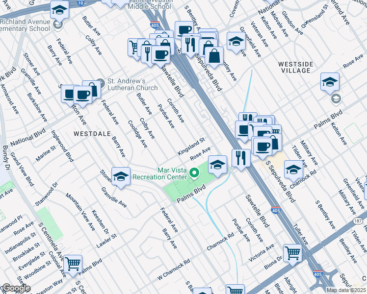 map of restaurants, bars, coffee shops, grocery stores, and more near 11409 Kingsland Street in Los Angeles