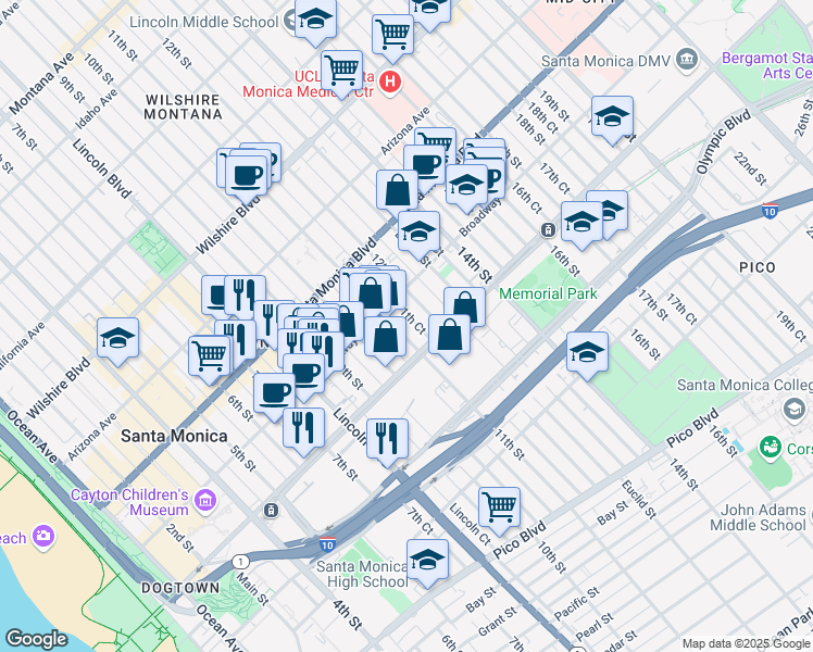 map of restaurants, bars, coffee shops, grocery stores, and more near 1521 11th Street in Santa Monica