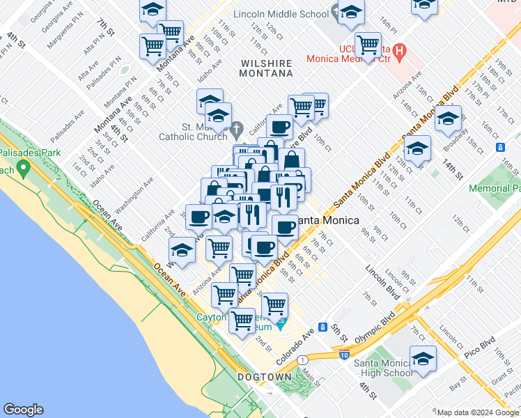 map of restaurants, bars, coffee shops, grocery stores, and more near 1233 6th Court in Santa Monica