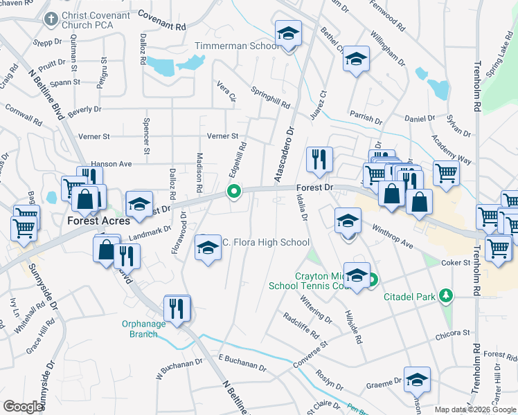 map of restaurants, bars, coffee shops, grocery stores, and more near 1502 Brentwood Drive in Columbia