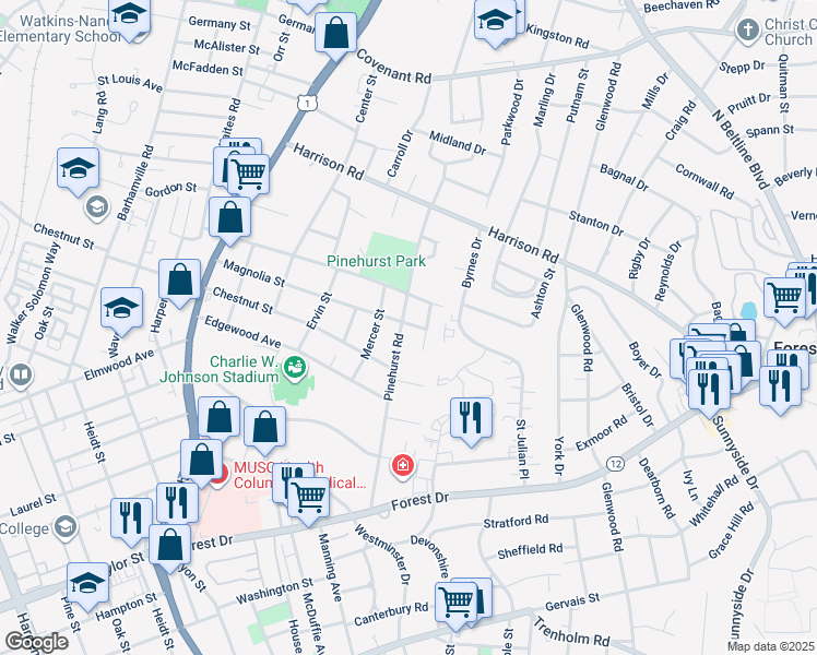 map of restaurants, bars, coffee shops, grocery stores, and more near 2228 Pinehurst Road in Columbia
