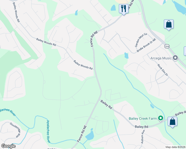 map of restaurants, bars, coffee shops, grocery stores, and more near 3145 Fence Road Northeast in Dacula
