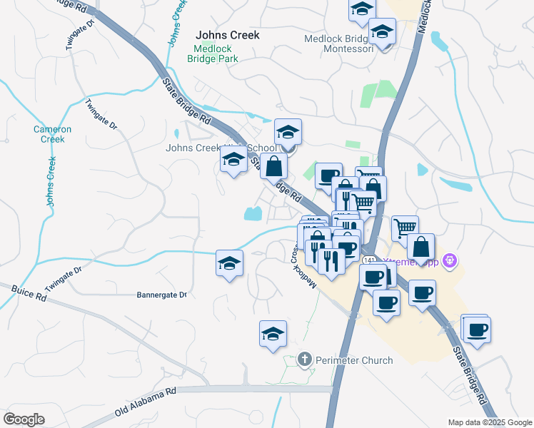 map of restaurants, bars, coffee shops, grocery stores, and more near 9780 Preswicke Point in Alpharetta
