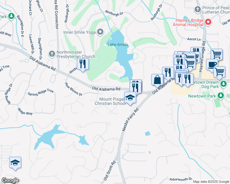 map of restaurants, bars, coffee shops, grocery stores, and more near 9850 Summer Oaks Drive in Roswell