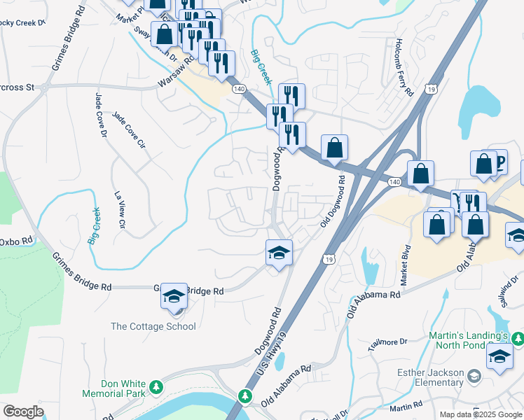 map of restaurants, bars, coffee shops, grocery stores, and more near 100 Hemingway Lane in Roswell