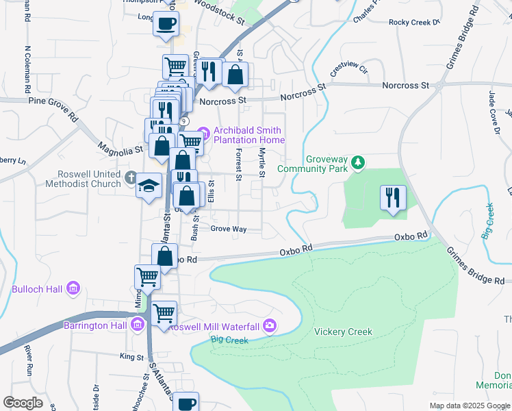 map of restaurants, bars, coffee shops, grocery stores, and more near 785 Myrtle Street in Roswell