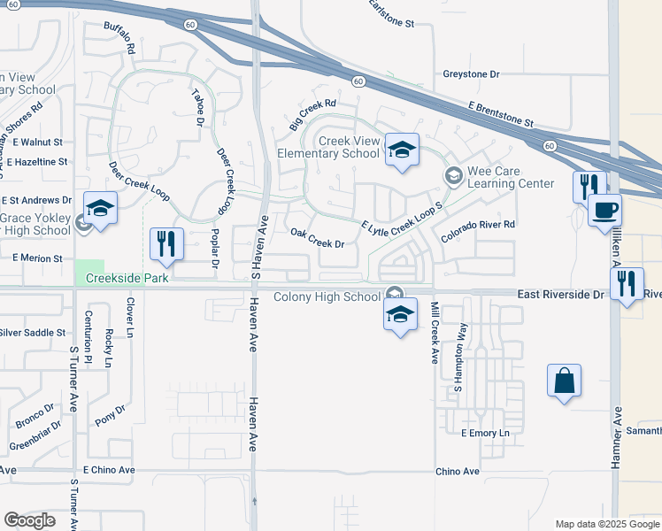 map of restaurants, bars, coffee shops, grocery stores, and more near 3645 Country Oaks Loop in Ontario