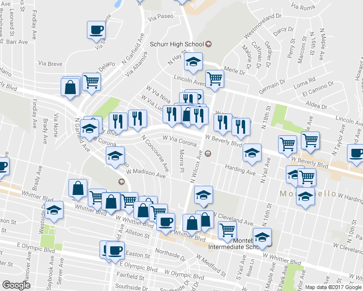 map of restaurants, bars, coffee shops, grocery stores, and more near 413 Morris Place in Montebello