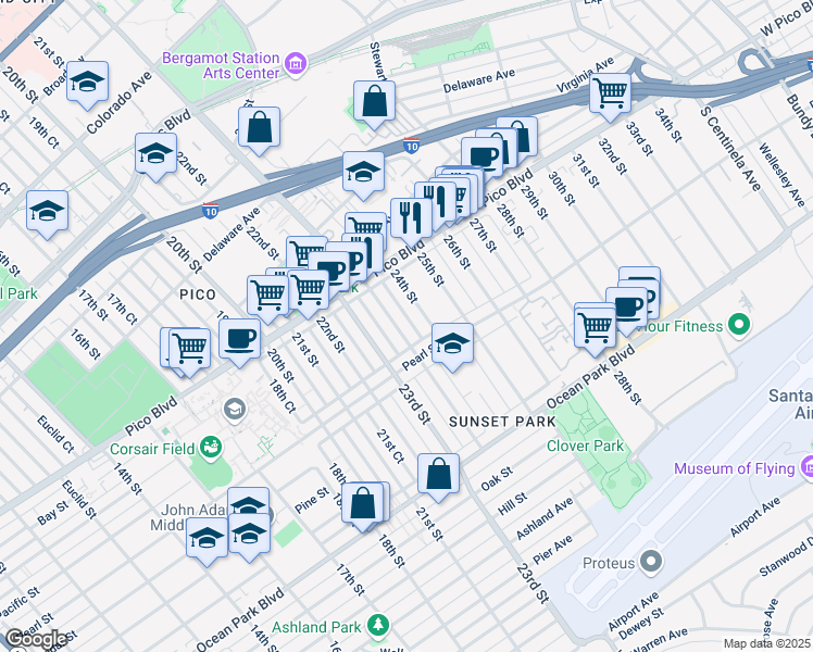 map of restaurants, bars, coffee shops, grocery stores, and more near 2261 Cloverfield Boulevard in Santa Monica