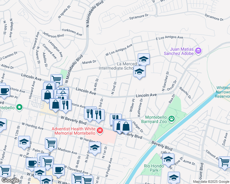 map of restaurants, bars, coffee shops, grocery stores, and more near 712 North 2nd Street in Montebello