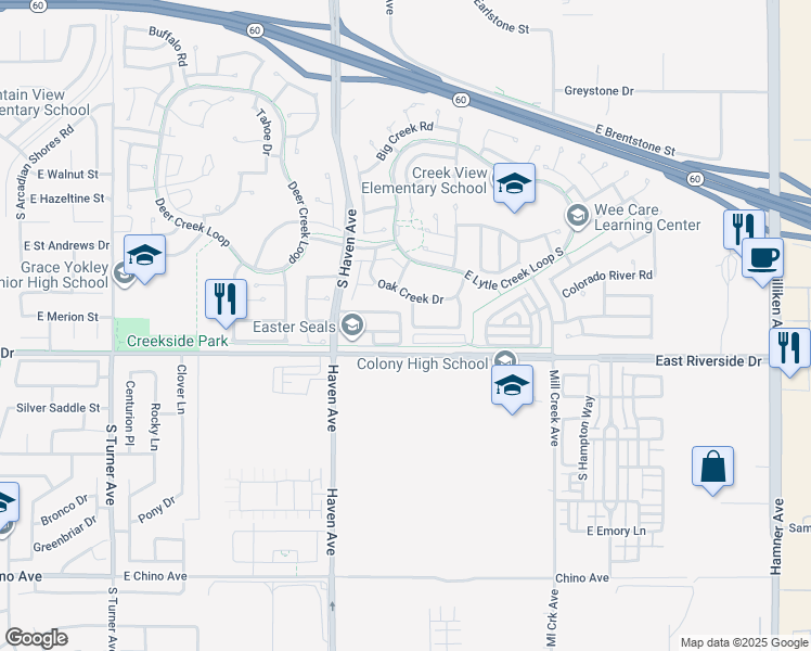 map of restaurants, bars, coffee shops, grocery stores, and more near 2926 South Tuolumne Place in Ontario