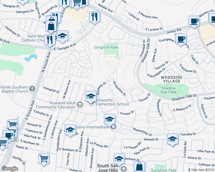 map of restaurants, bars, coffee shops, grocery stores, and more near 1733 Kam Court in West Covina