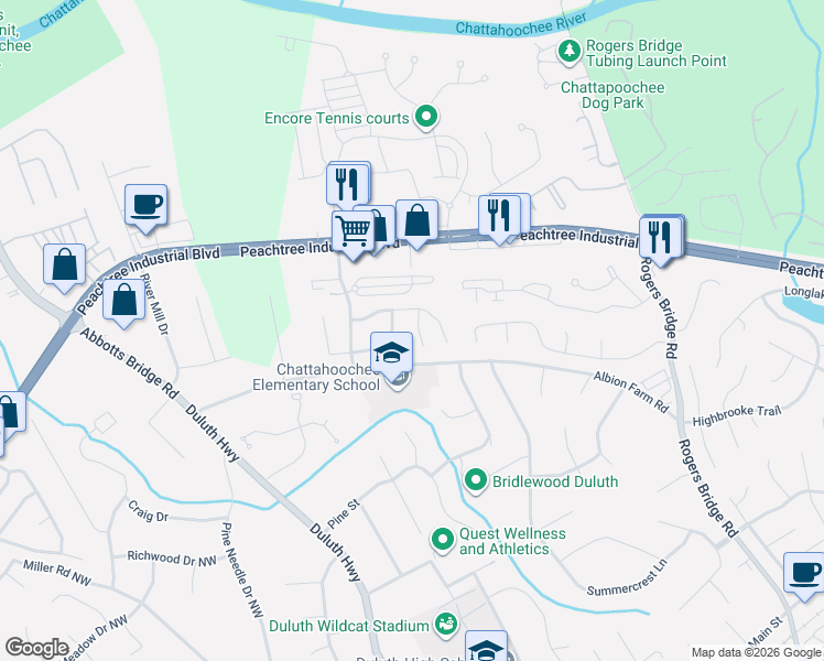 map of restaurants, bars, coffee shops, grocery stores, and more near 4014 White Owl Court Northwest in Duluth