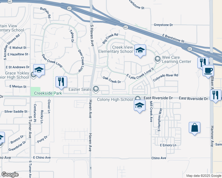 map of restaurants, bars, coffee shops, grocery stores, and more near 2926 South Tuolumne Place in Ontario