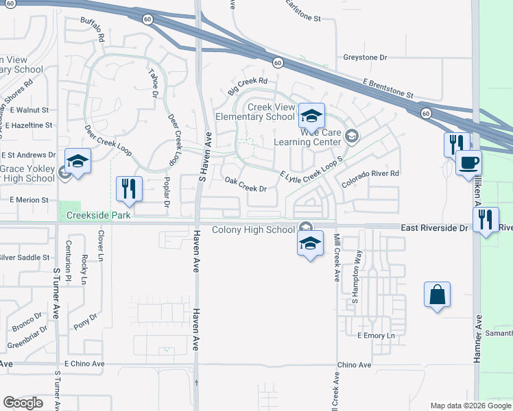 map of restaurants, bars, coffee shops, grocery stores, and more near 3669A Country Oaks Loop in Ontario