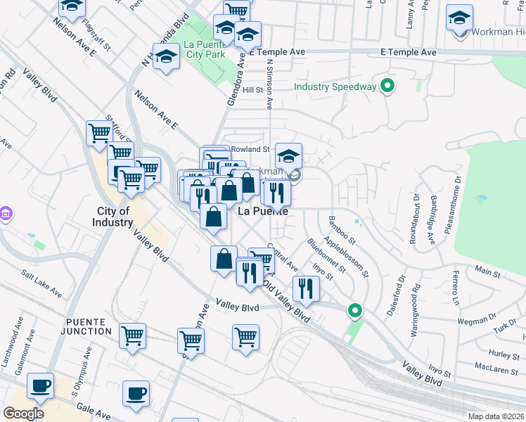 map of restaurants, bars, coffee shops, grocery stores, and more near in La Puente