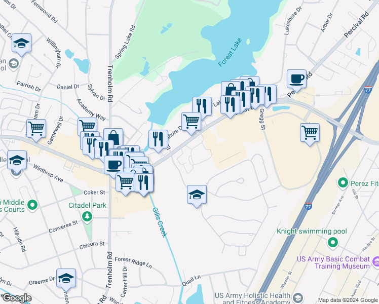 map of restaurants, bars, coffee shops, grocery stores, and more near 200 Autumn Circle in Columbia