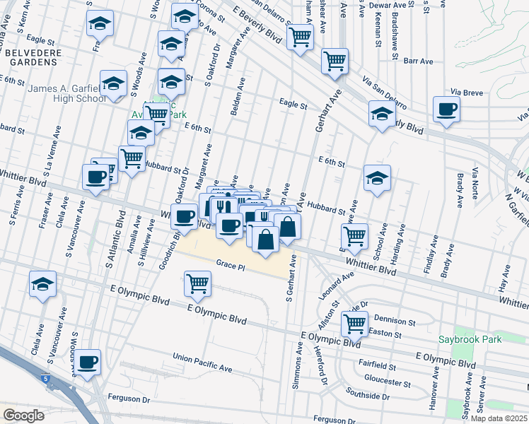 map of restaurants, bars, coffee shops, grocery stores, and more near 730 South Sadler Avenue in Los Angeles