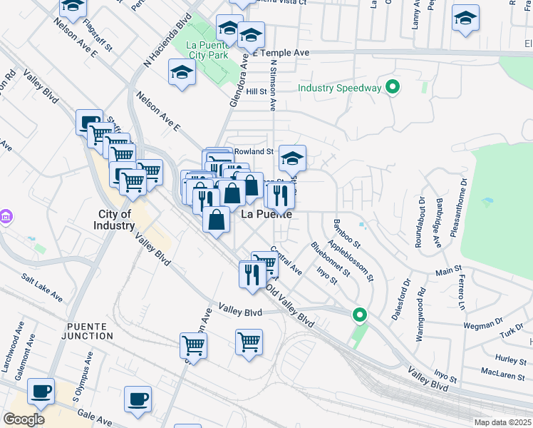 map of restaurants, bars, coffee shops, grocery stores, and more near 15921 Sierra Vista Court in La Puente