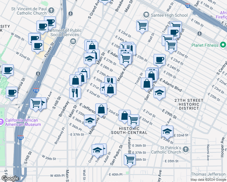 map of restaurants, bars, coffee shops, grocery stores, and more near 3006 Maple Avenue in Los Angeles