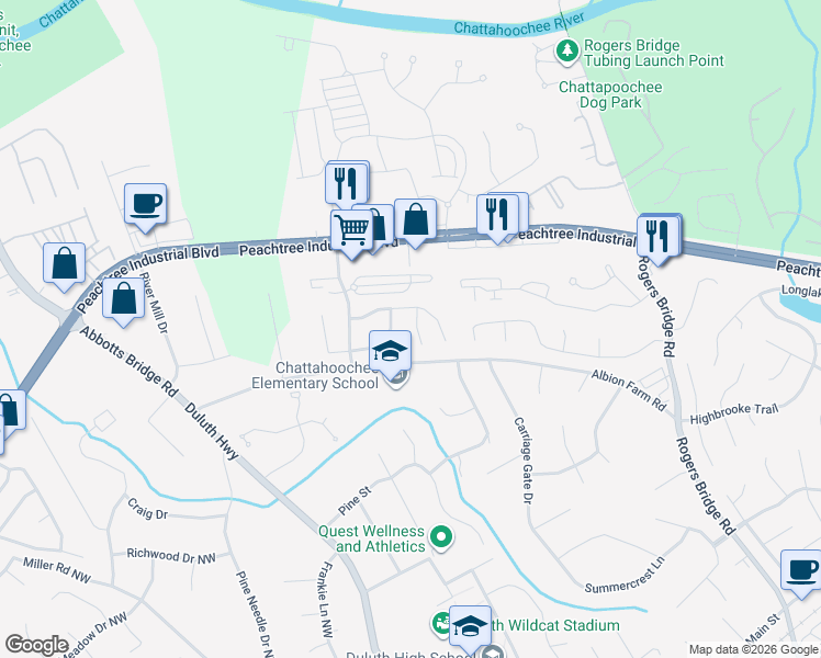 map of restaurants, bars, coffee shops, grocery stores, and more near 4014 White Owl Court Northwest in Duluth
