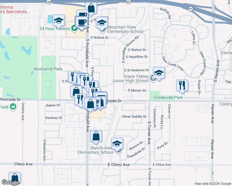 map of restaurants, bars, coffee shops, grocery stores, and more near 2941 South Desert Forest Avenue in Ontario