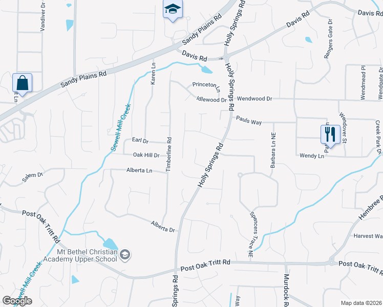 map of restaurants, bars, coffee shops, grocery stores, and more near 2925 Holly Pointe Court in Marietta