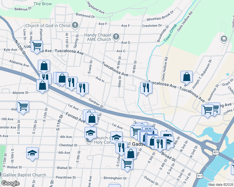 map of restaurants, bars, coffee shops, grocery stores, and more near 404 Riley Street in Gadsden