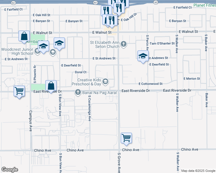 map of restaurants, bars, coffee shops, grocery stores, and more near 2942 South Virginia Place in Ontario