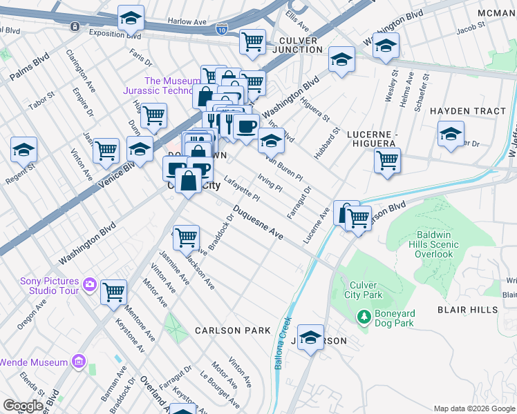map of restaurants, bars, coffee shops, grocery stores, and more near 4135 Lafayette Place in Culver City