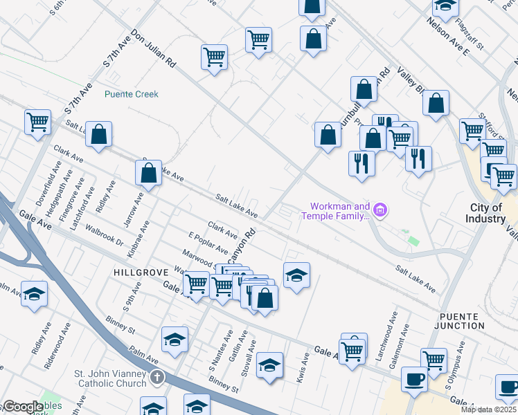 map of restaurants, bars, coffee shops, grocery stores, and more near 15149 Salt Lake Avenue in La Puente