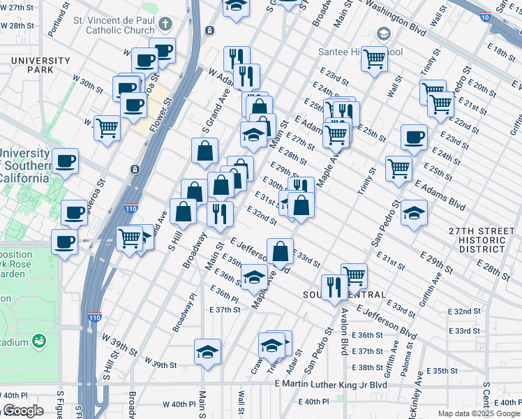 map of restaurants, bars, coffee shops, grocery stores, and more near 125 E 32nd St in Los Angeles