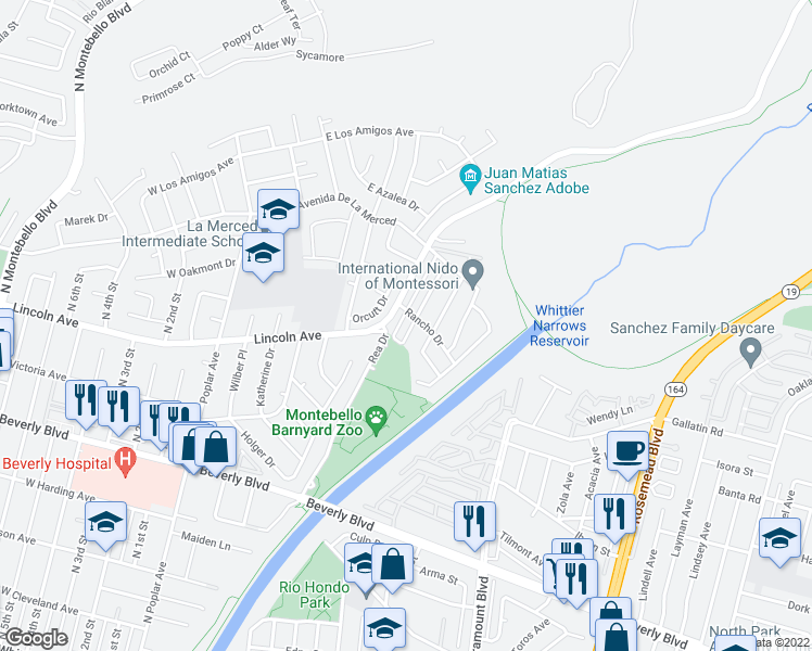 map of restaurants, bars, coffee shops, grocery stores, and more near 713 Bartolo Avenue in Montebello