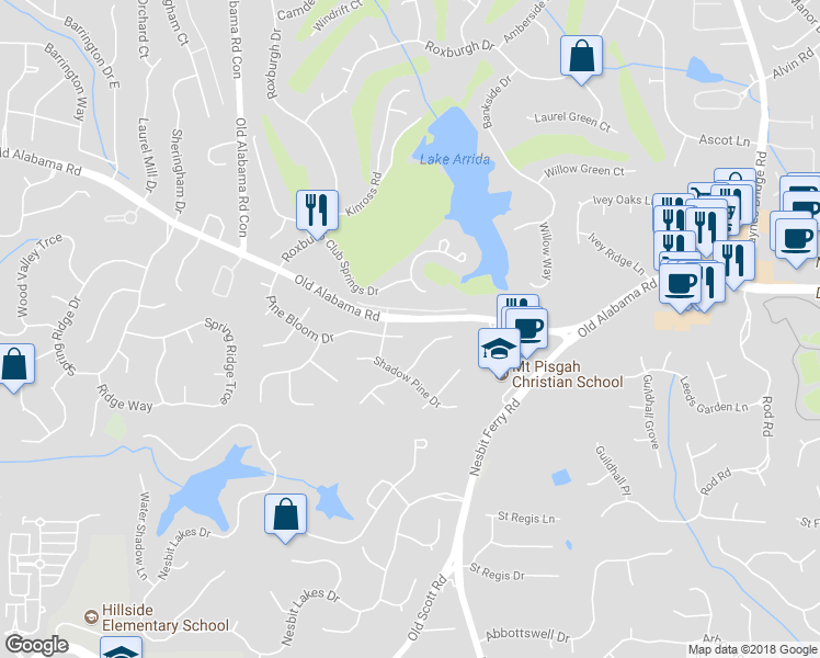 map of restaurants, bars, coffee shops, grocery stores, and more near 2650 Pine Bloom Drive in Roswell