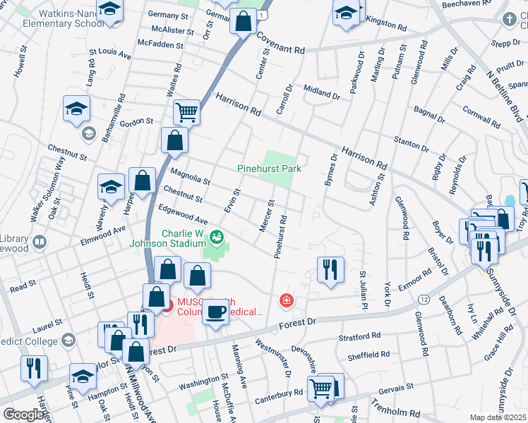 map of restaurants, bars, coffee shops, grocery stores, and more near 2207 Mercer Street in Columbia