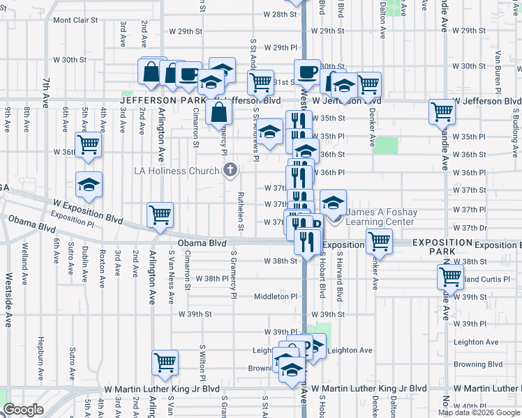 map of restaurants, bars, coffee shops, grocery stores, and more near 1788 West 37th Place in Los Angeles